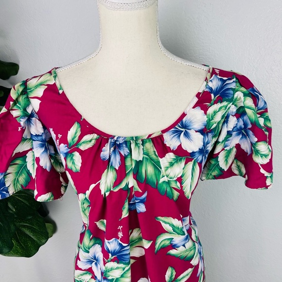 Jade Fashions Hawaiian Tropical Hibiscus Floral Fuchsia Midi MuuMuu Dress - Picture 2 of 8